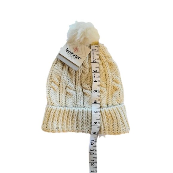 Isotoner Ivory Cable Knit Beanie Cap with Pom New - Picture 2 of 5